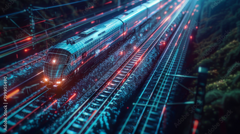 Poster digitalized train with a network of glowing lines representing connectivity and futuristic transport