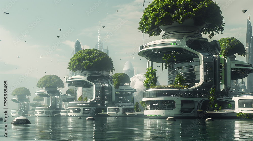 Poster a network of interconnected floating cities powered by renewable energy and sustained by vertical fa