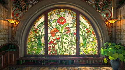 Art Nouveau elegance featuring curved lines, floral motifs, and stained glass.