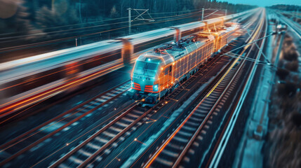Speeding train captured with motion blur, highlighting the dynamics of modern railway transportation at dusk. High-Speed Train in Motion on Railway at Dusk

