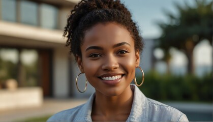 african woman smiling looking at camera portrait with modern luxury house background from Generative AI