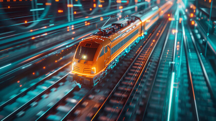 An electric locomotive moves rapidly along the railway, surrounded by neon light trails and digital elements at dusk. Electric Train Speeding Through Neon-Lit Tracks


