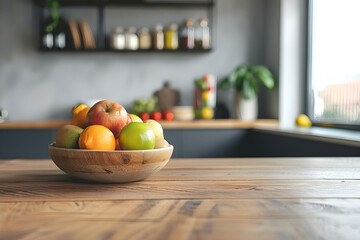 Obraz na płótnie Canvas Wooden table with bowl of fruits part of modern kitchen decor. Concept Kitchen Decor, Wooden Table, Fruits, Modern Design