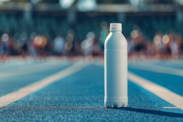 White bottle on athletic track with blurry background