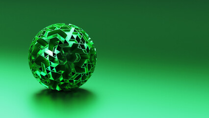 A green gemstone ball is placed on a matching green surface, creating a stunning visual effect. The macro photography captures the intricate details of the circle, resembling a piece of jewellery