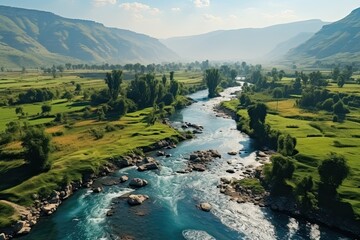 Landscape of Iraq. River with a green valley. The water is clear and calm. The trees along the river are tall and lush. Aerial drone view. Generative AI Art. Beautiful view.