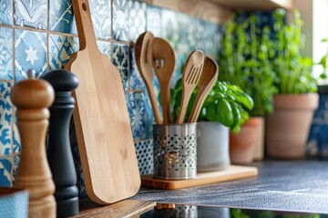 Kitchen Closeup. View of Kitchen Utensils on Countertop with Houseplant Background