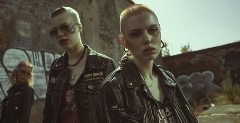 Three young punk women in leather jackets posing in an urban setting with graffiti backdrop.