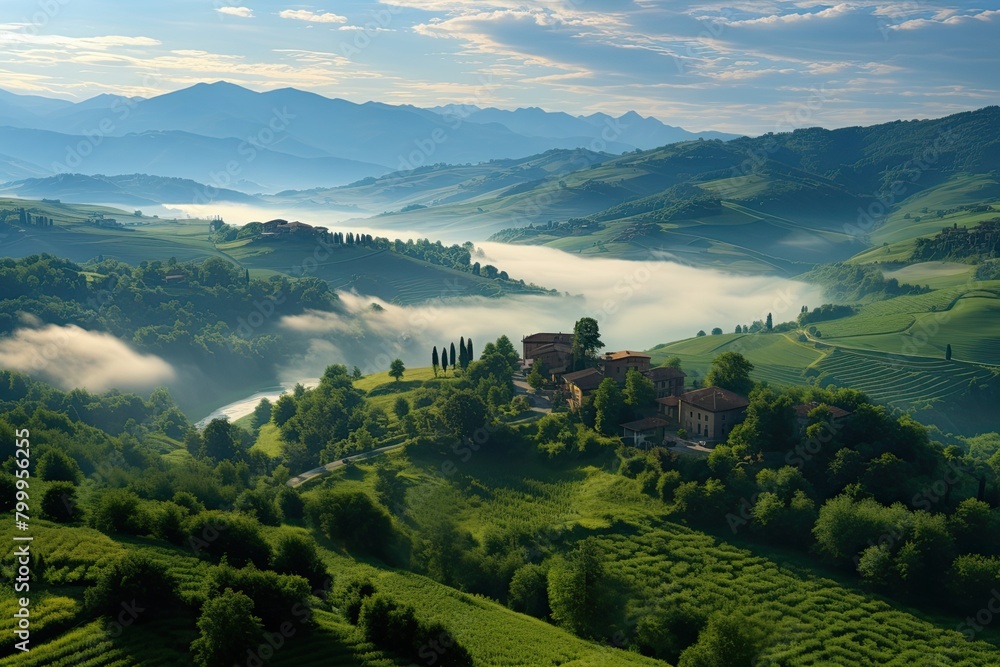 Wall mural landscape of italy. aerial drone view. foggy mountain landscape with a small village in the distance