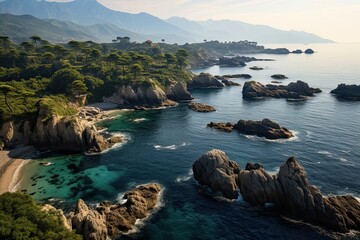 Nature of Italy. Beautiful beach with a rocky shoreline and a rocky shoreline with a rocky...