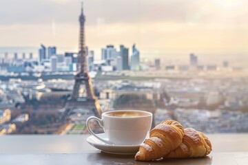Parisian breakfast with Eiffel Tower view, warm-toned photo ideal for travel and lifestyle marketing.