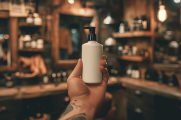 Hand holding white dispenser bottle in barbershop