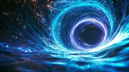Vibrant 3d blue neon lines on black hole space bend background - futuristic science design render illustration