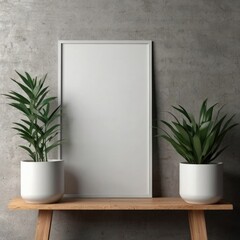 Wooden free frame with green plant on wooden wall, 3d render, 3d illustration