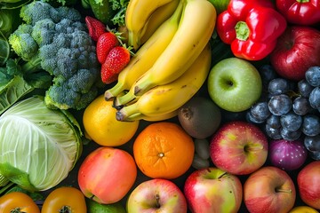 A vibrant assortment of fresh fruits and vegetables from above. Concept Food Photography, Vibrant Colors, Fresh Produce, Overhead Shot, Healthy Eating