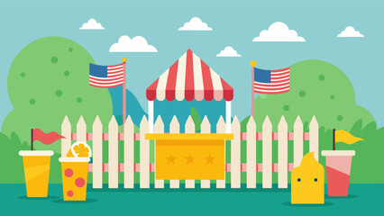 The childrens homemade lemonade stand is surrounded by a picket fence adorned with miniature American flags adding a charming touch to the display.. Vector illustration