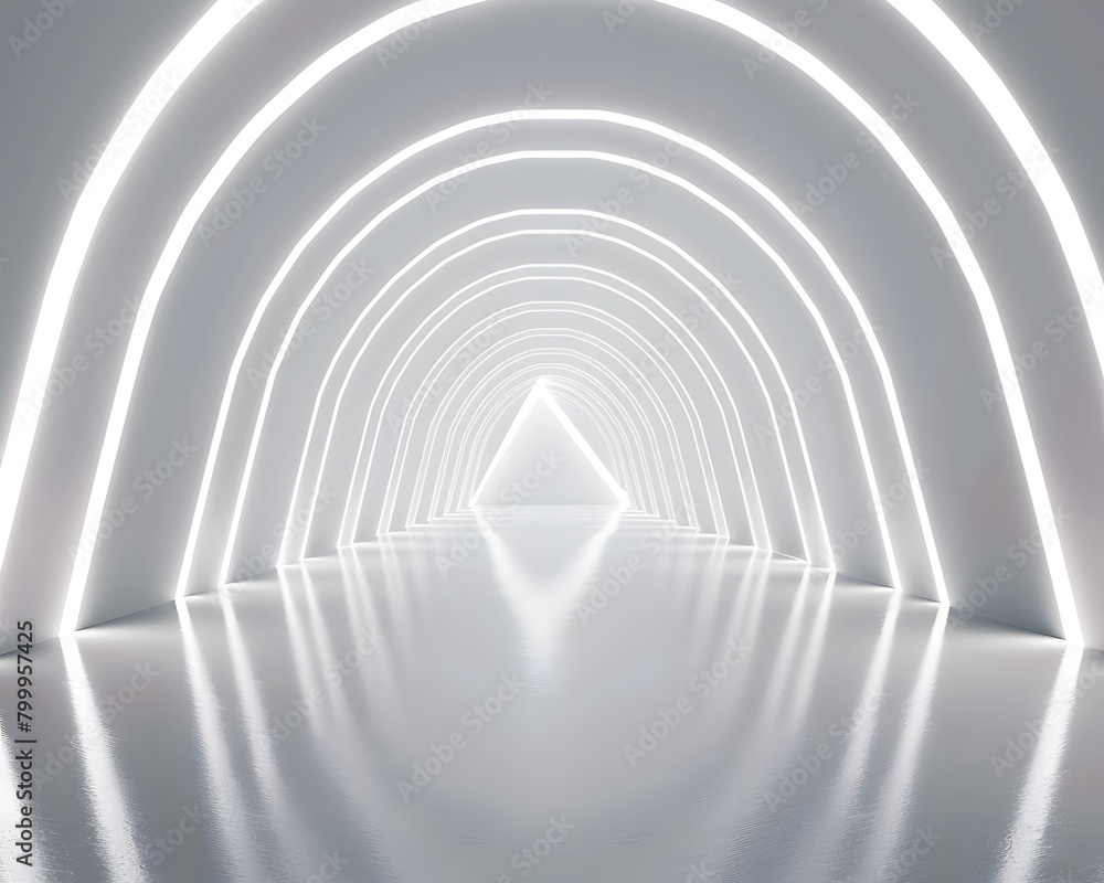 Poster abstract white background with glowing neon light tunnel and empty space for product presentation