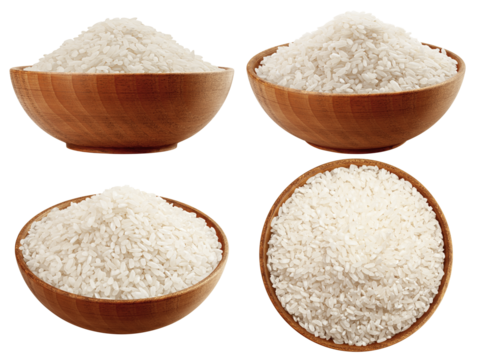 Rice in wooden bowl, isolated on white background, full depth of field