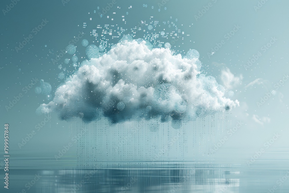 Poster a pixelated cloud dissolving into a rain of data, representing the ephemeral nature of cloud storage