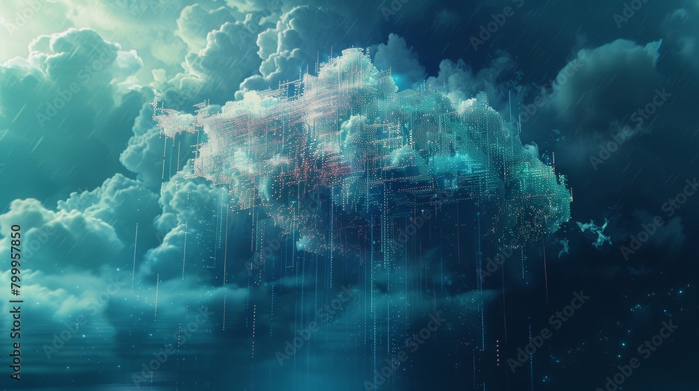 Poster a pixelated cloud dissolving into a rain of data, representing the ephemeral nature of cloud storage