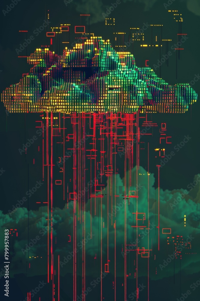 Poster a pixelated cloud dissolving into a rain of data, representing the ephemeral nature of cloud storage