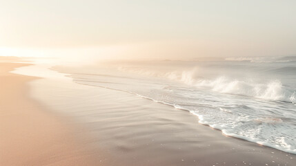 Vast dawn gradually reveals untamed beauty on the white beach with waking waves. 