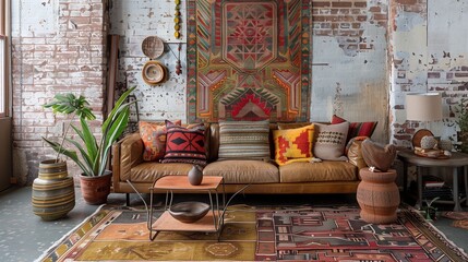 Modern nomadic design with global textiles, leather accents, and tribal prints.