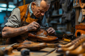 A skilled craftsman meticulously handcrafts a pair of elegant leather shoes in a traditional workshop