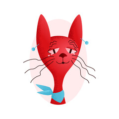 Elegant Red Cat with a tears in blue neckerchief. Isolated illustration for websites, avatar, card and more design