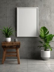 Interior poster mock up with vertical empty wooden frame standing on floor