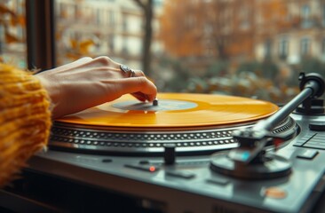 Fototapeta premium A DJ's hand on a mixer above an orange vinyl record, with a bokeh light background and vintage feel