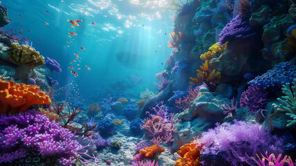 Naklejka na ściany i meble beautiful sea ocean landscape background with coral reefs, anemones, turtles, clown fish, nemo. Deep blue sea with big whale