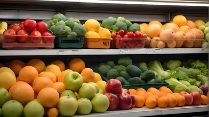 Fruits and vegetables on a supermarket's chilled shelf