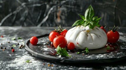 Gourmet burrata cheese with fresh basil and ripe tomatoes on a dark, textured background.