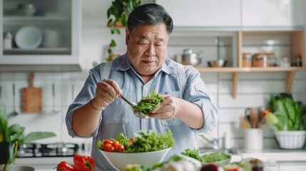 Mature Asian man preparing a healthy salad in a bright home kitchen, focusing on ingredients.