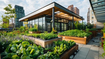 Modern urban rooftop greenhouse with vertical gardens, glass walls, and sustainable planting beds.