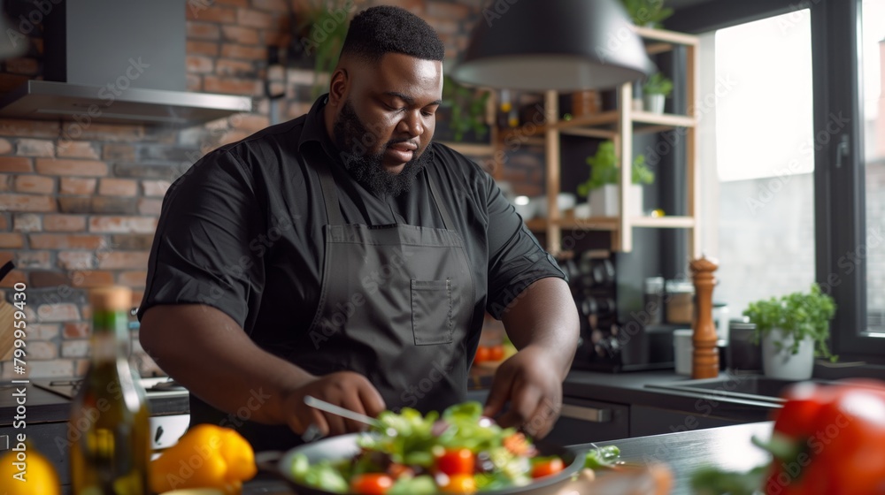 Poster Focused fat Black chef preparing a fresh salad in a stylish modern kitchen.