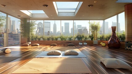 Modern urban rooftop yoga studio with bamboo flooring, skylights, and panoramic city views.