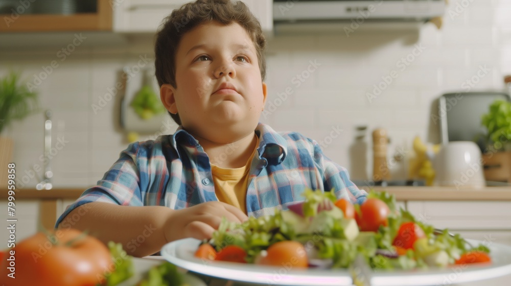 Sticker A chubby young boy thoughtfully examines a plate of fresh salad in a bright kitchen.