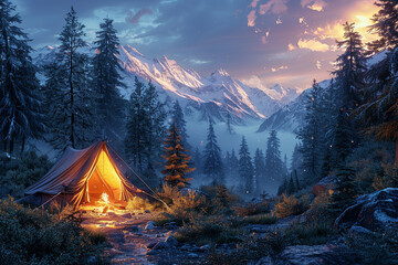 A cozy tent nestled among tall pine trees, with a flickering campfire casting a warm glow on the surrounding forest.