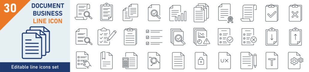 Document icons Pixel perfect. Document icon set. Set of 30 outline icons related to document, files, message, security. Linear icon collection. Editable stroke. Vector illustration.