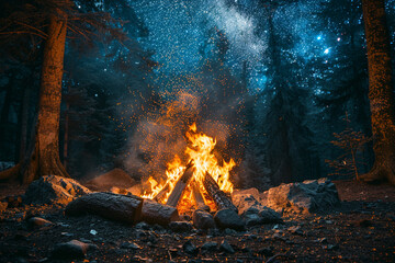 A crackling campfire under a starlit sky, casting flickering shadows on the surrounding trees.