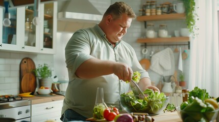 A fat man preparing a fresh vegetable salad in a sunlit kitchen, squeezing lemon juice.