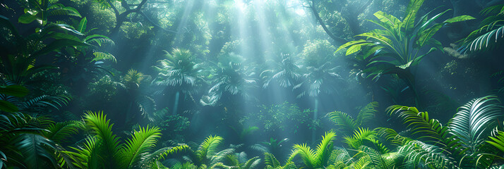 Fototapeta na wymiar View Rainforest Background for International Day, Light filters through lush jungle foliage creating dynamic shadows 
