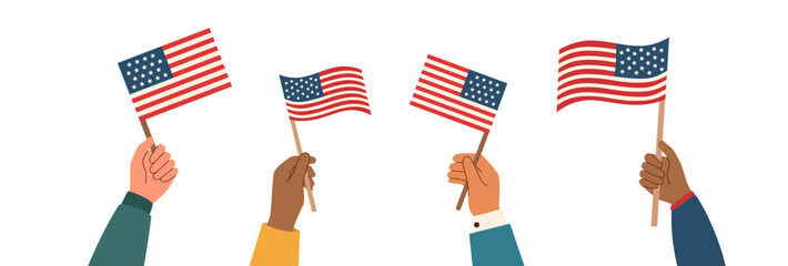 Set of american flags in human hands in flat style isolated on white background. Memorial day and Independence day concept.