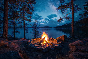 A crackling campfire under a starlit sky, casting flickering shadows on the surrounding trees.