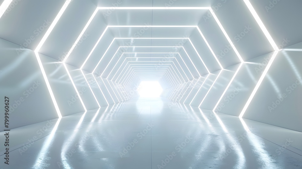 Poster abstract white background with glowing neon light tunnel and empty space for product presentation