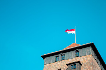 The flag of Franconia, Nuremberg. Concept of tourism, travel, emigration, global business