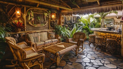 Retro tiki bar with bamboo furniture, thatched roof, and tropical decor.