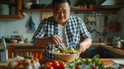 Asian man tossing salad in a bright kitchen, surrounded by fresh ingredients and utensils.